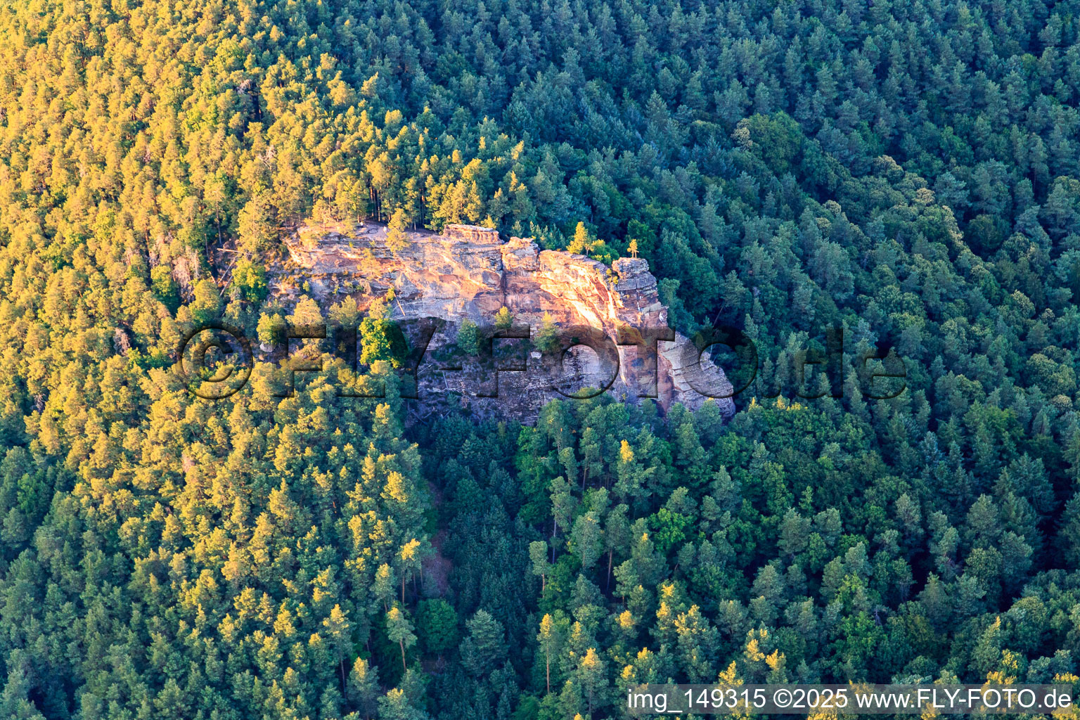 Drohnenaufname von Burgruine Drachenfels in Busenberg im Bundesland Rheinland-Pfalz, Deutschland