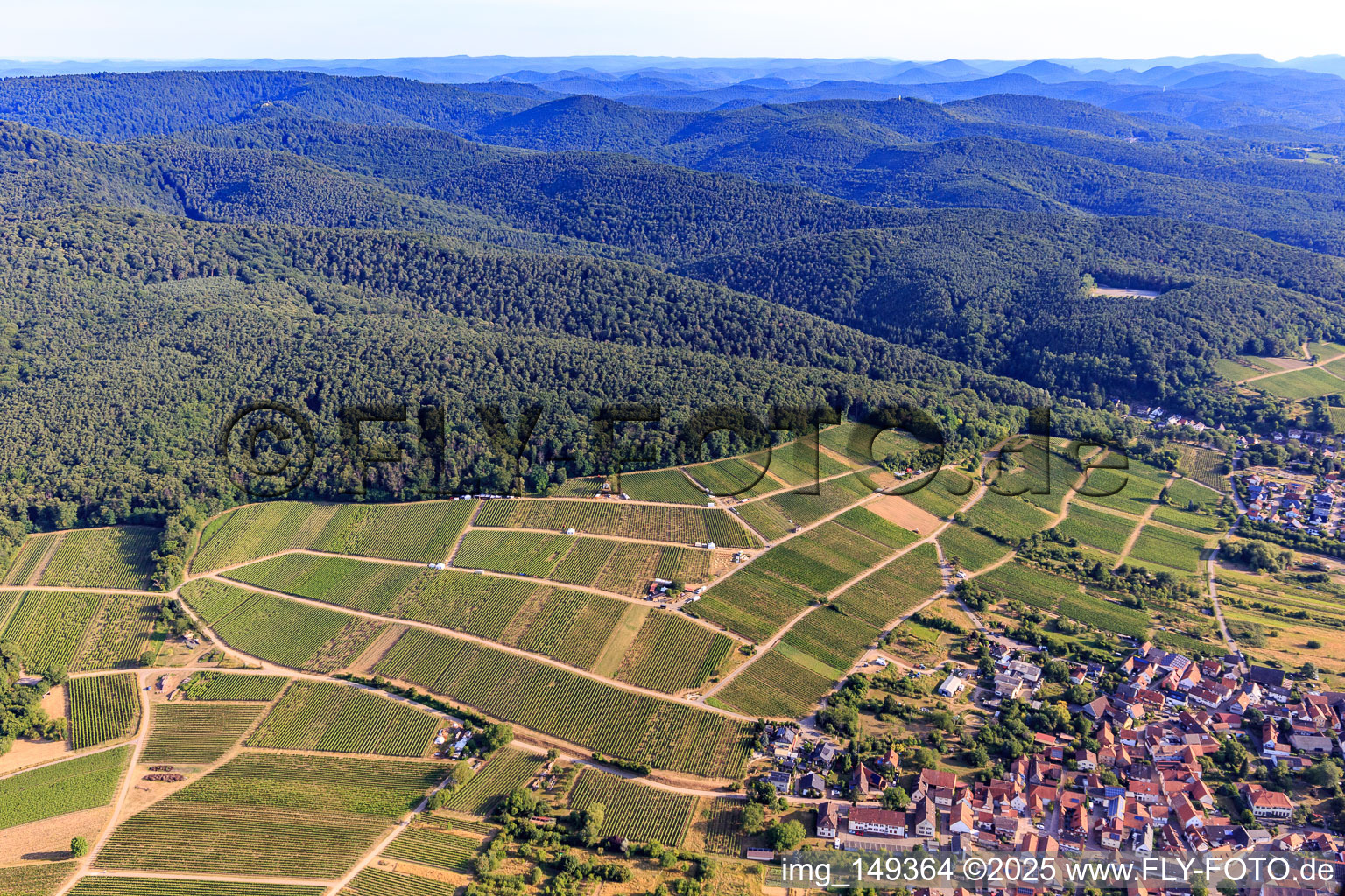 Luftbild von Probierstände im Weinberg für "Grenzenlos Wein". Deutsch-französische Weinevent mit Weinen unserer Winzer und des benachbarten Elsas sowie lulinarischen Köstlichkeiten hoch über dem Ort mit einem herrlichen Blick über die Rheinebene und ins benachbarte Wissembourg im Ortsteil Schweigen in Schweigen-Rechtenbach im Bundesland Rheinland-Pfalz, Deutschland