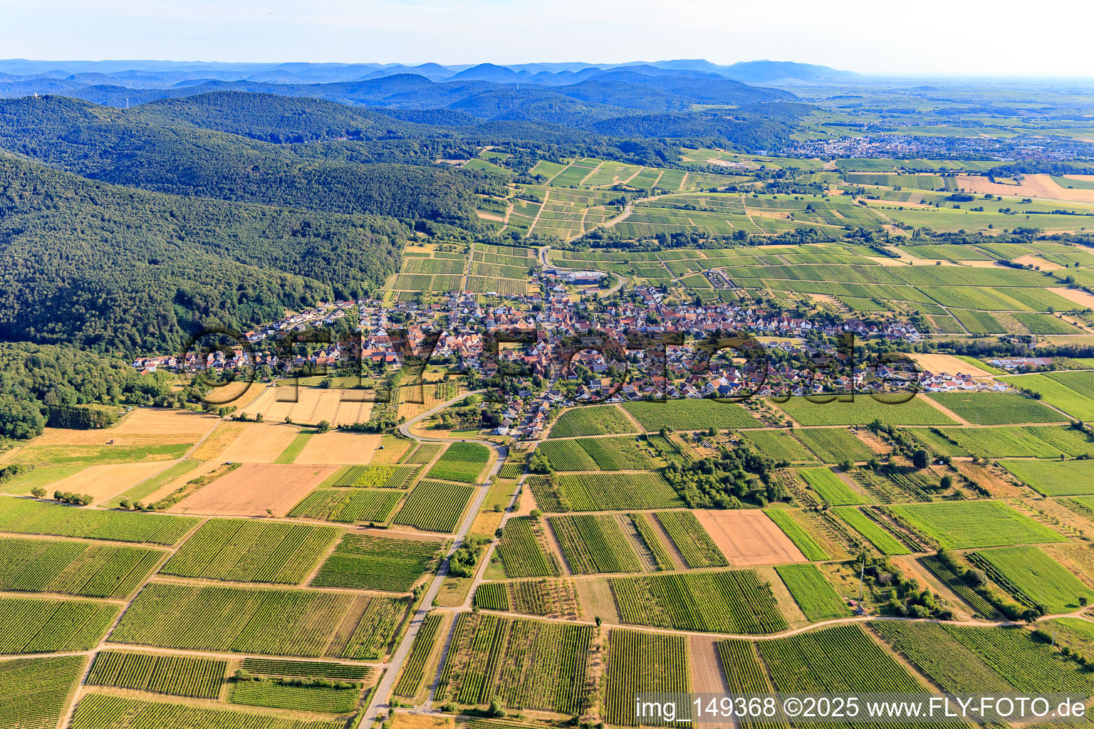Winzerdorf aus Süden im Ortsteil Schweigen in Schweigen-Rechtenbach im Bundesland Rheinland-Pfalz, Deutschland
