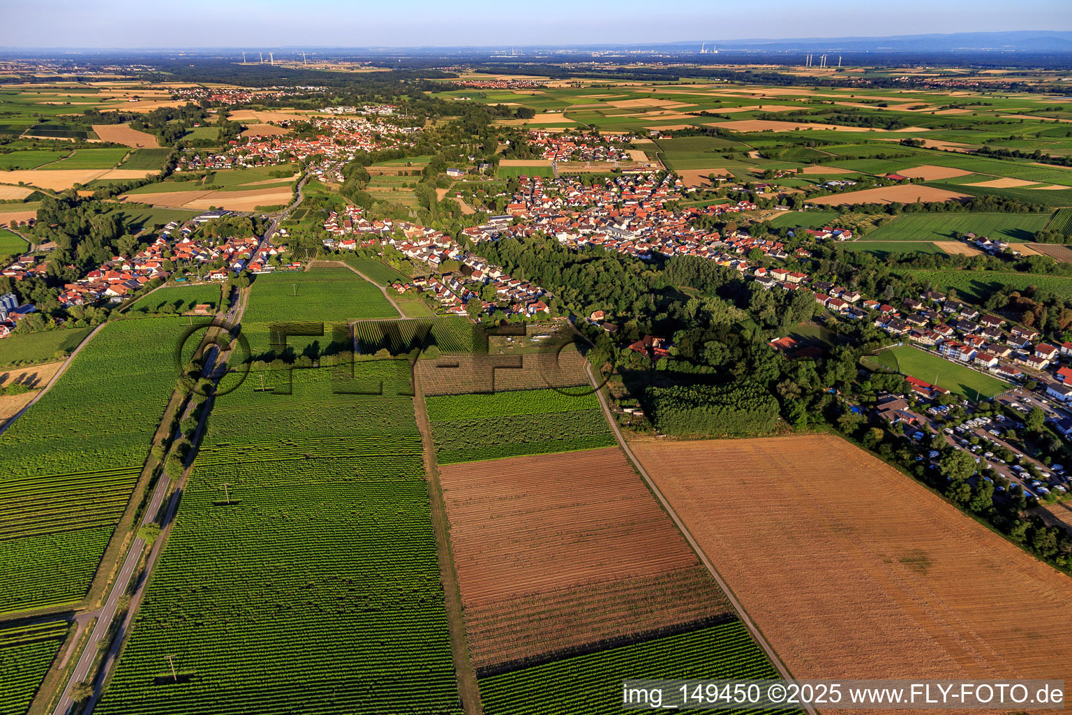 Dorfansicht aus Westen im Ortsteil Ingenheim in Billigheim-Ingenheim im Bundesland Rheinland-Pfalz, Deutschland