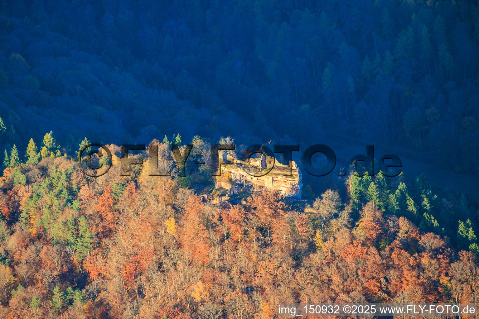 Burgruine Meisteresel im herbstlichen Wald in Ramberg im Bundesland Rheinland-Pfalz, Deutschland
