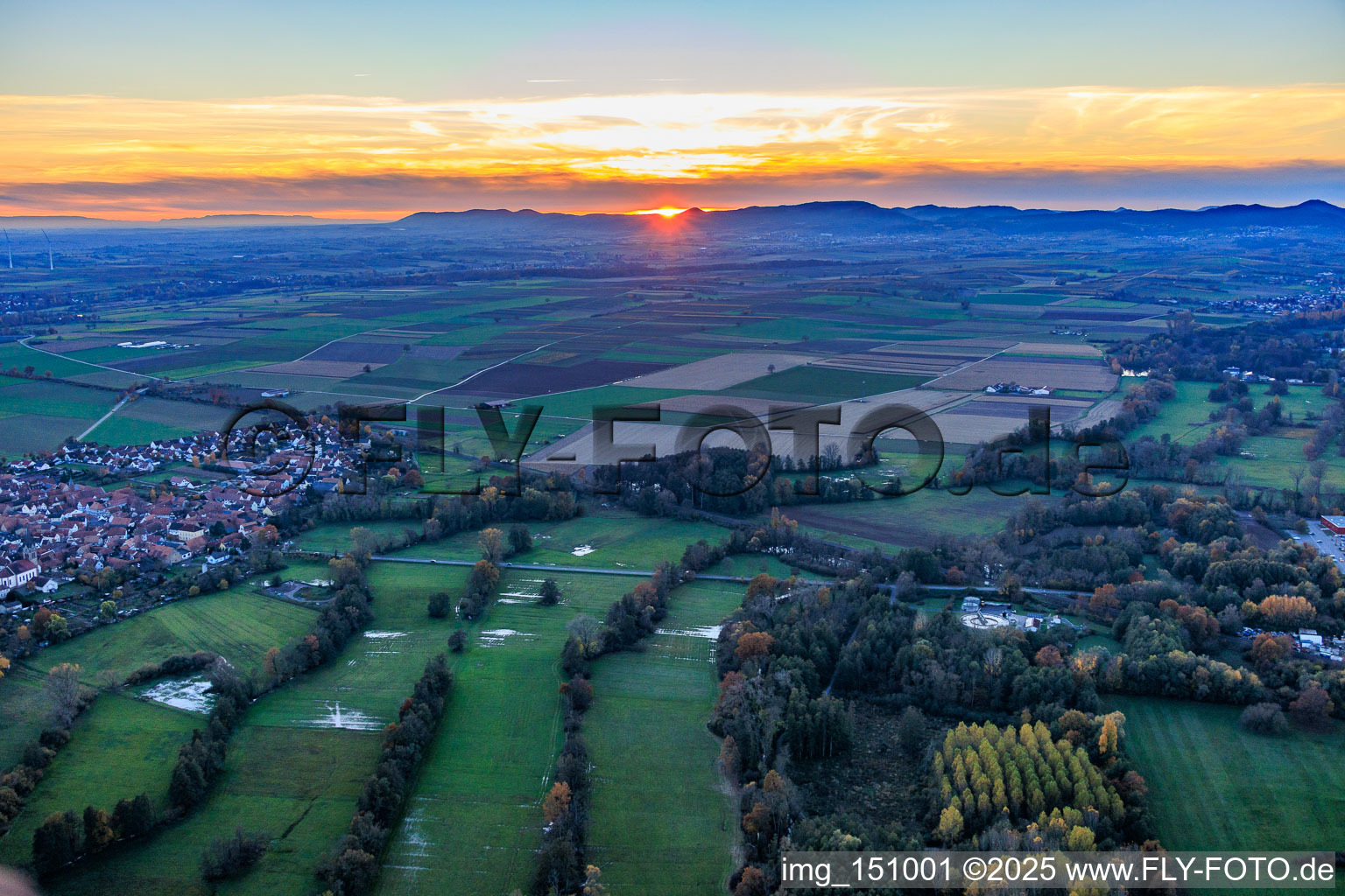 Wiesen im Rohrbachtal bei Sonnenuntergang in Steinweiler im Bundesland Rheinland-Pfalz, Deutschland