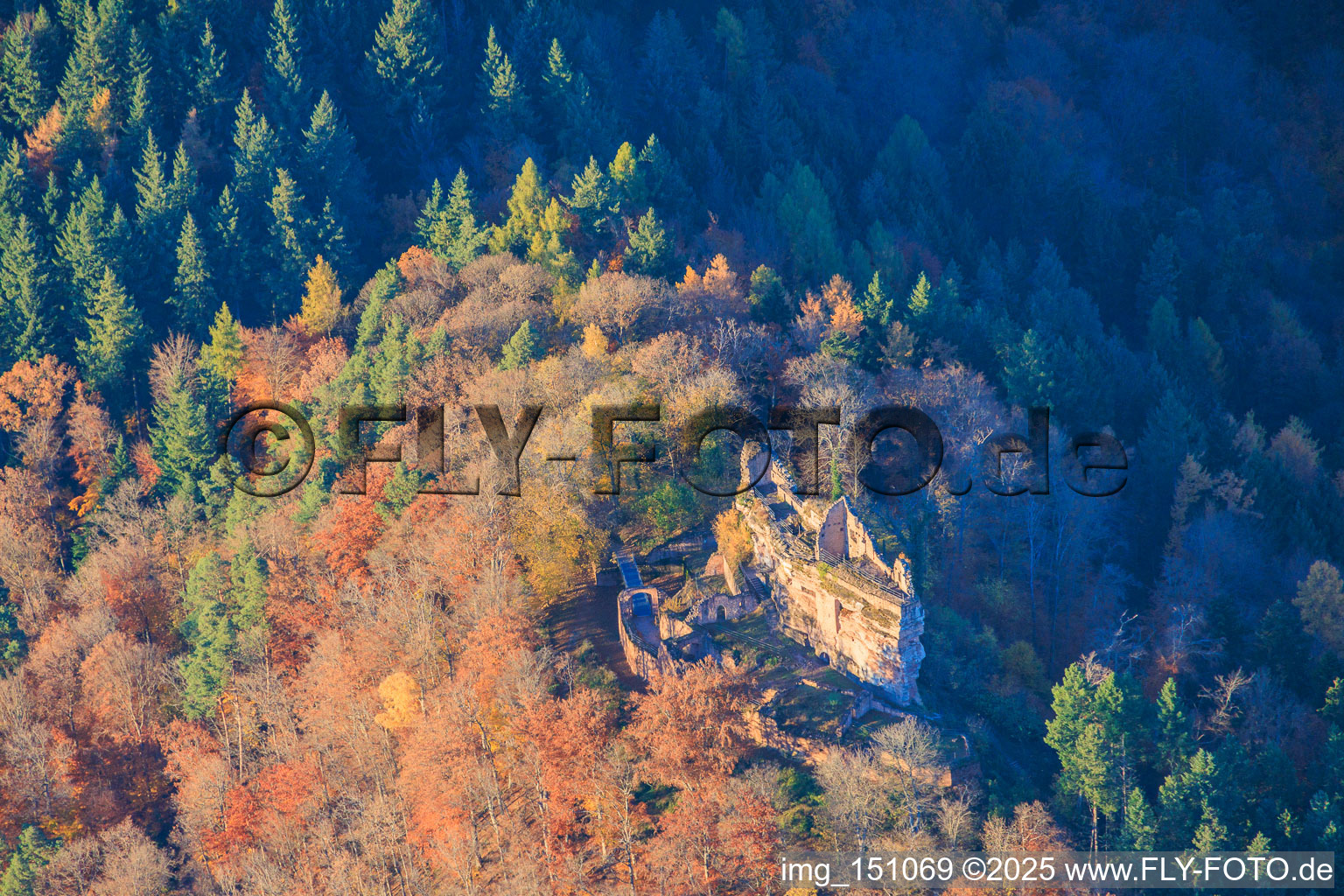 Luftaufnahme von Burgruine Meisteresel im herbstlichen Wald in Ramberg im Bundesland Rheinland-Pfalz, Deutschland