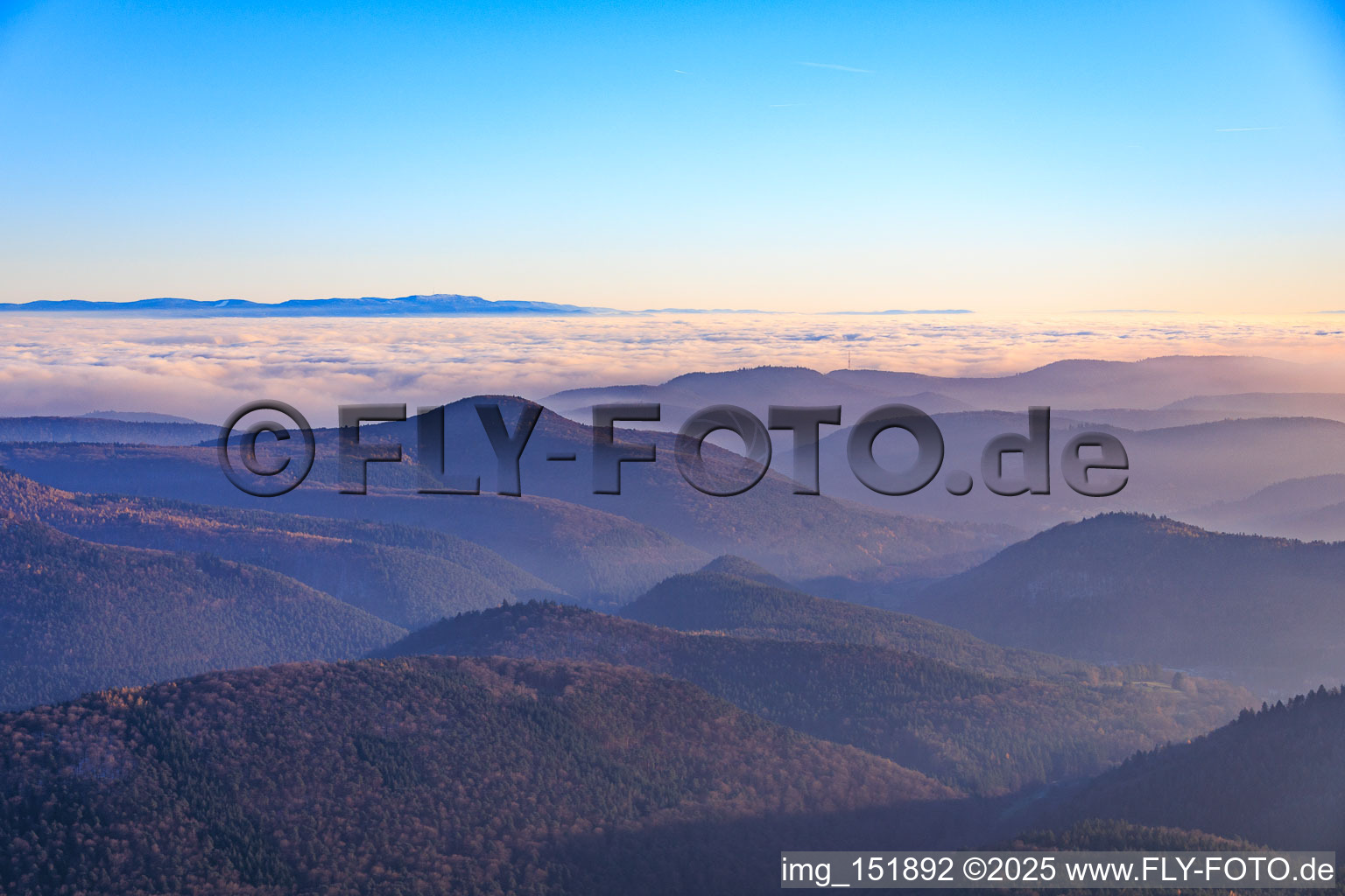 Blick zum Schwarzwald über die Rheinebene in Wolken im Ortsteil Schweigen in Schweigen-Rechtenbach im Bundesland Rheinland-Pfalz, Deutschland