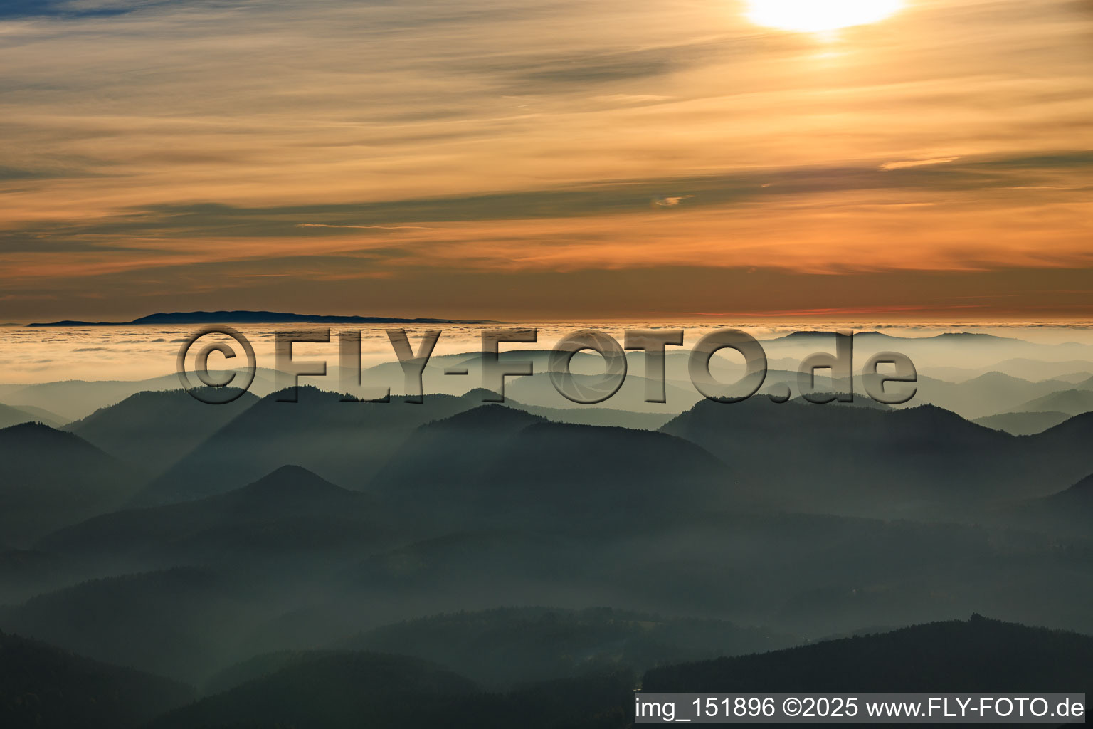 Luftbild von Blick zum Schwarzwald über die Rheinebene in Wolken im Ortsteil Schweigen in Schweigen-Rechtenbach im Bundesland Rheinland-Pfalz, Deutschland