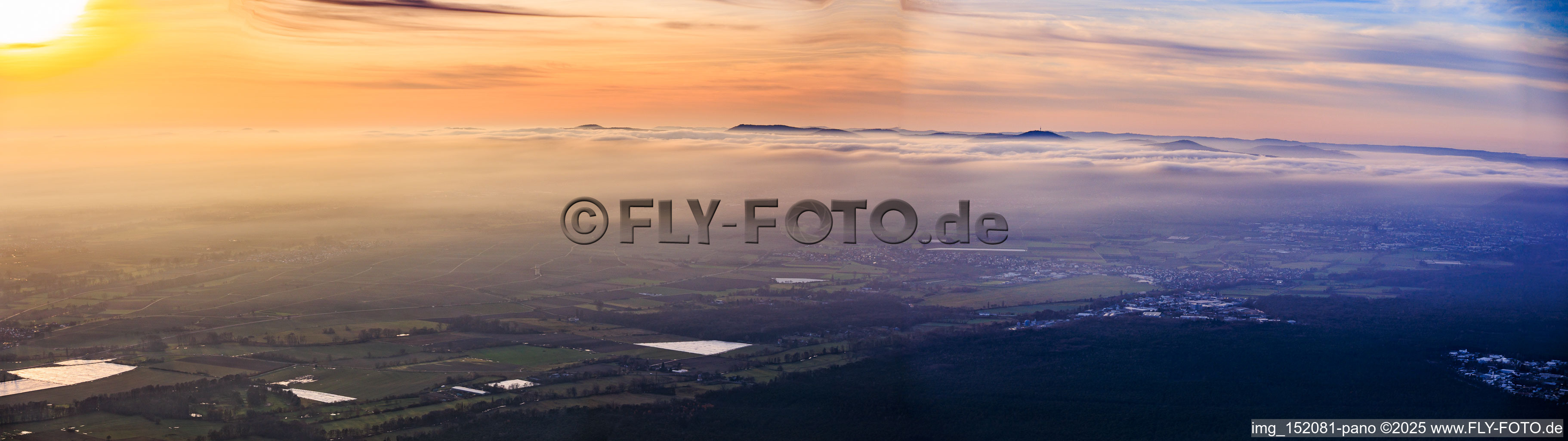 Sonnenuntergang über Winternebel an der Haardt im Ortsteil Speyerdorf in Neustadt an der Weinstraße im Bundesland Rheinland-Pfalz, Deutschland