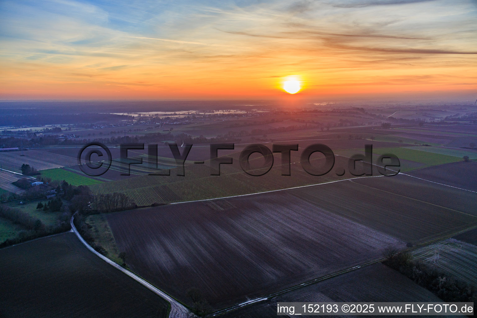 Bodennebel am Viehstrich bei Sonnenuntergang in Freckenfeld im Bundesland Rheinland-Pfalz, Deutschland