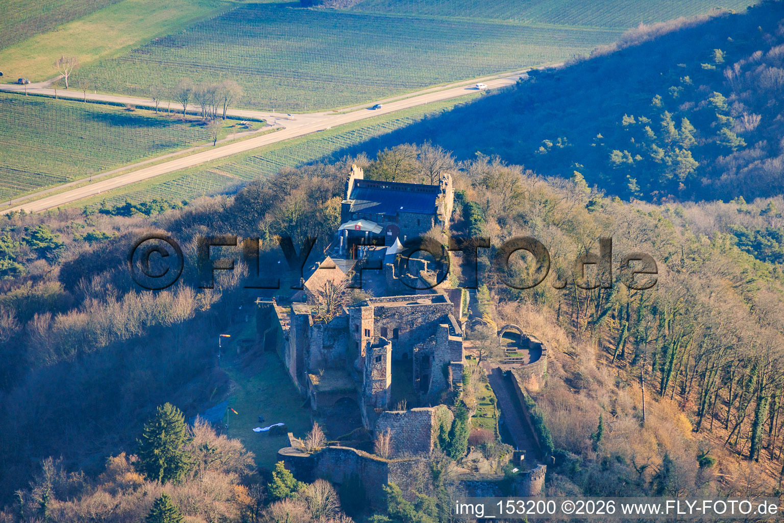 Burgruine Madenburg aus Norden in Eschbach im Bundesland Rheinland-Pfalz, Deutschland