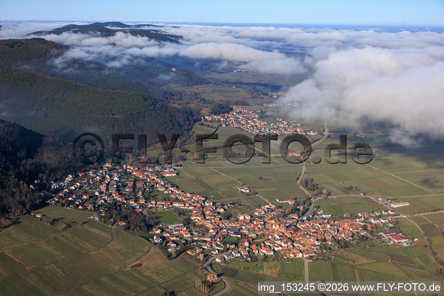Winzerort unter Wolken von Süden in Frankweiler im Bundesland Rheinland-Pfalz, Deutschland