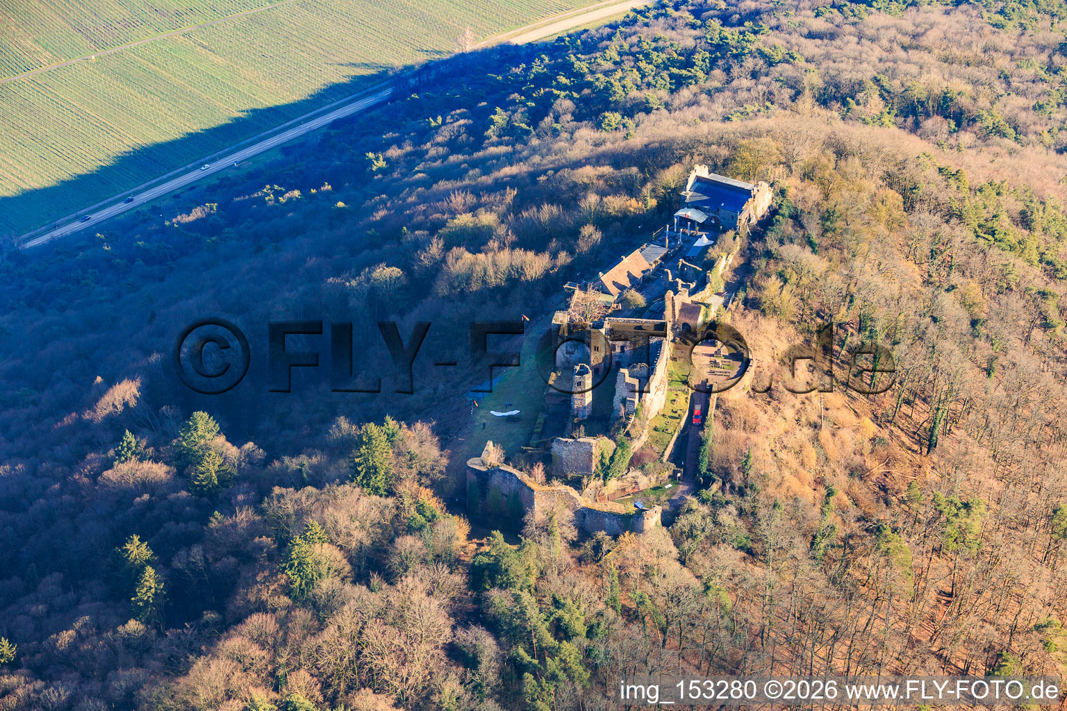 Luftbild von Burgruine Madenburg aus Norden in Eschbach im Bundesland Rheinland-Pfalz, Deutschland