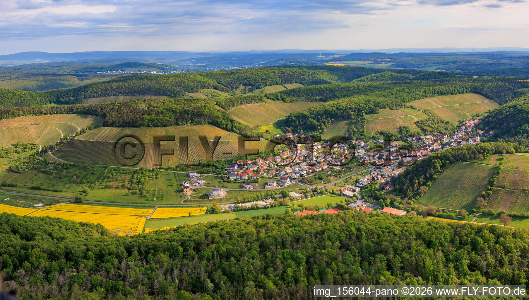 Weinberge zwischen Tal und Wald aus Süden in Ramsthal im Bundesland Bayern, Deutschland