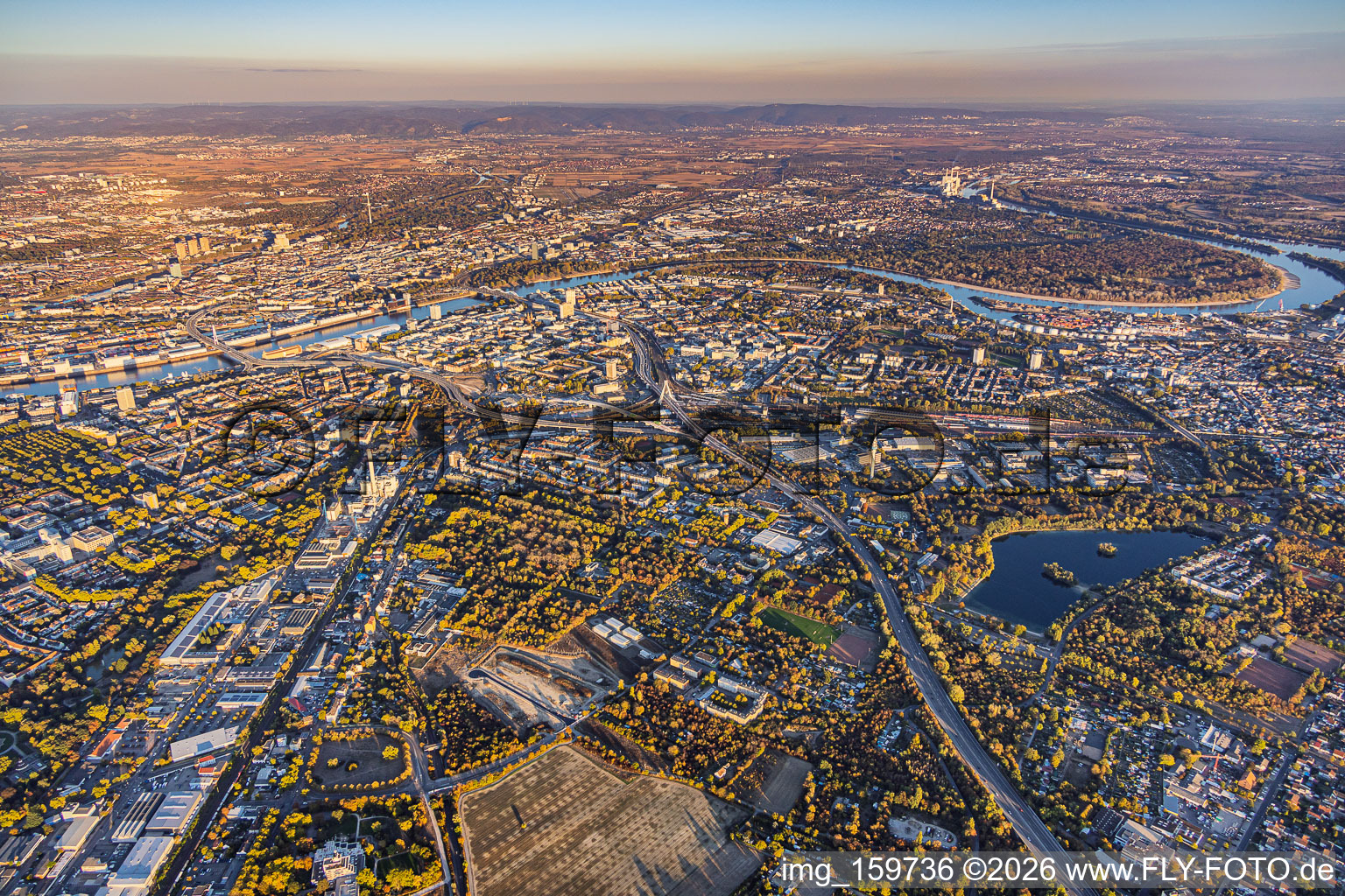 Stadtübersicht aus Westen von der Saarburger Straße und A650 bis zum Rhein im Ortsteil Friesenheim in Ludwigshafen im Bundesland Rheinland-Pfalz, Deutschland