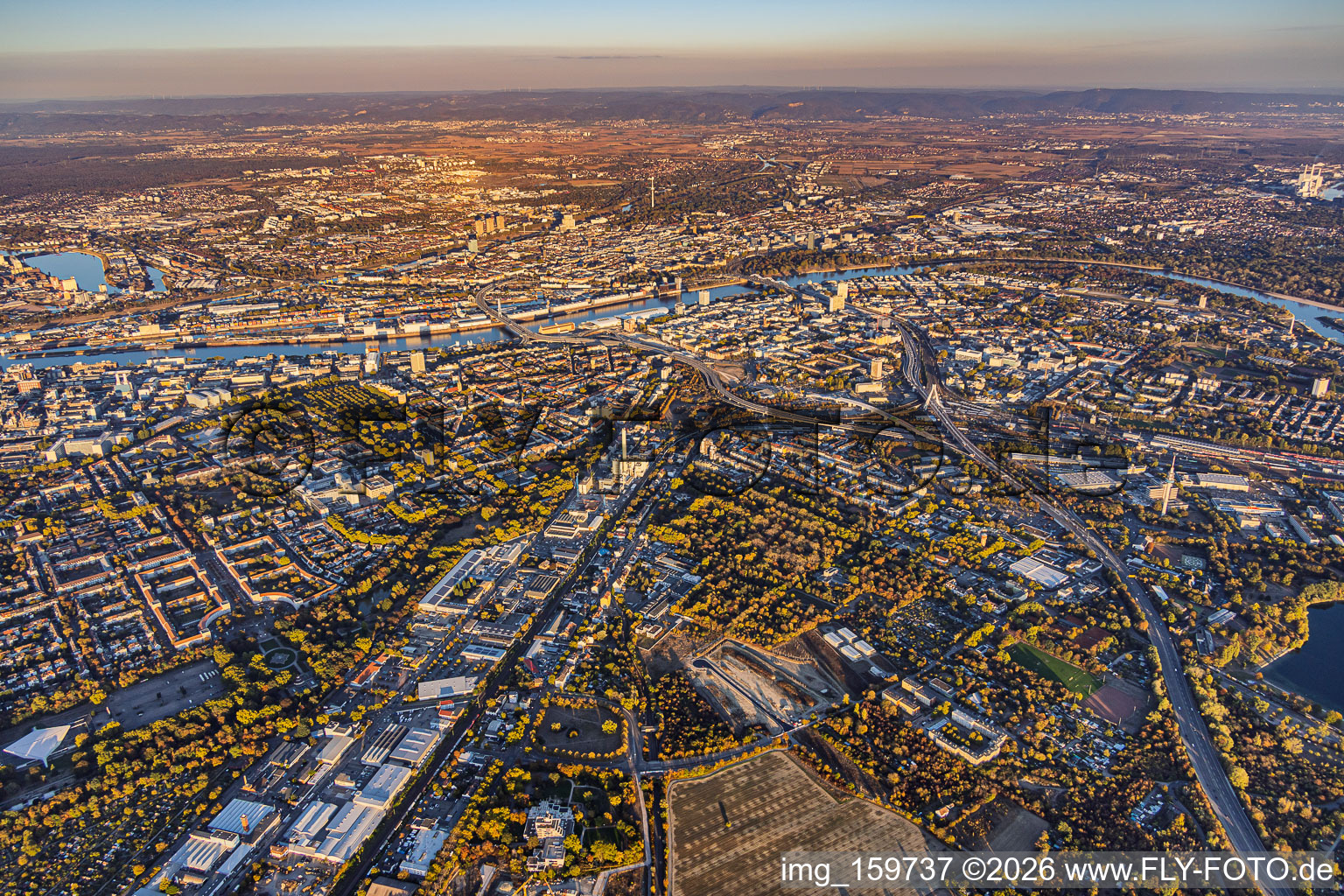 Stadtübersicht aus Westen von der Hohenzollernstraße und A650 bis zum Rhein im Ortsteil Hemshof in Ludwigshafen im Bundesland Rheinland-Pfalz, Deutschland