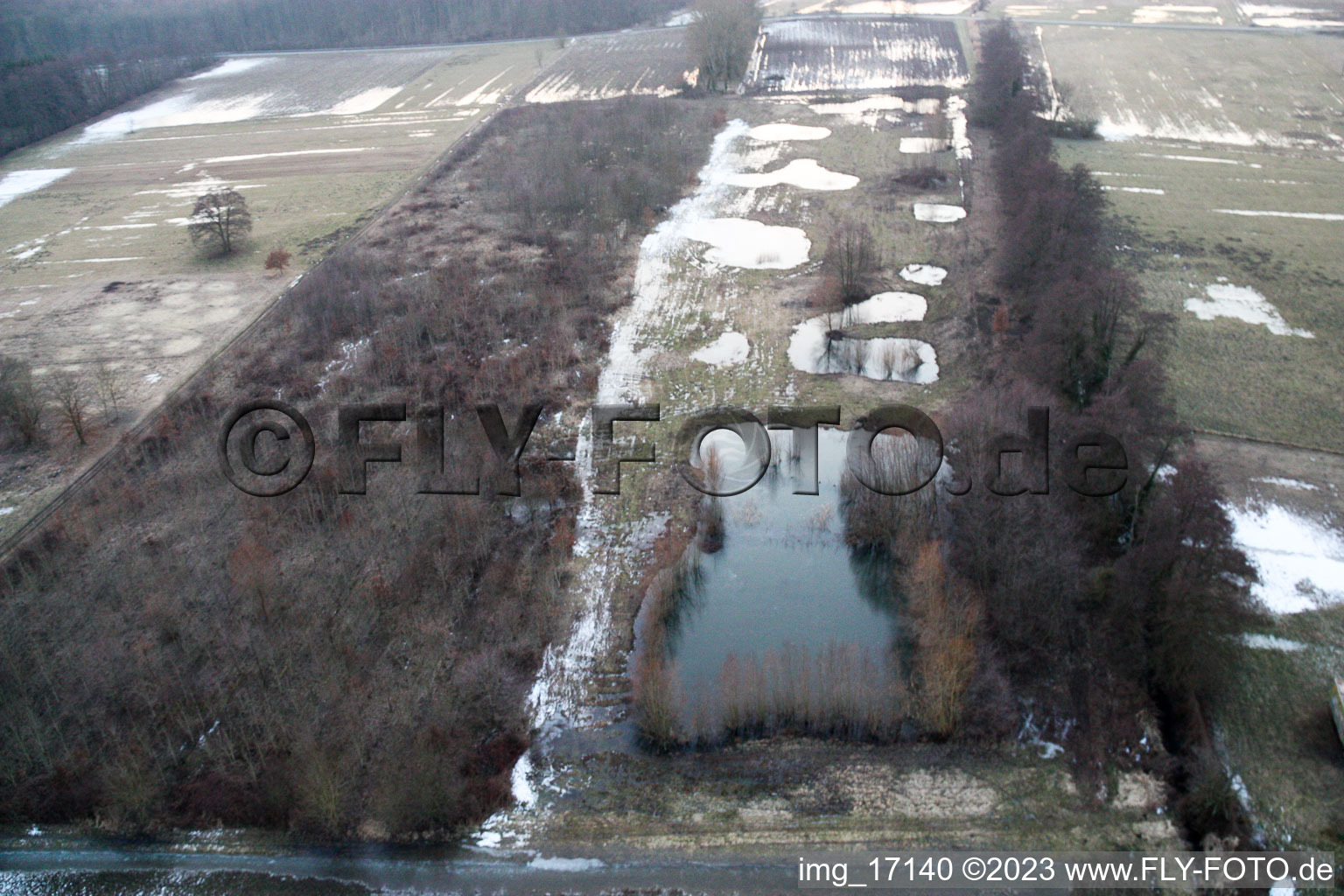 Luftaufnahme von Kandel, Otterbachtalwiesen vom Tauwasser überschwemmt im Bundesland Rheinland-Pfalz, Deutschland