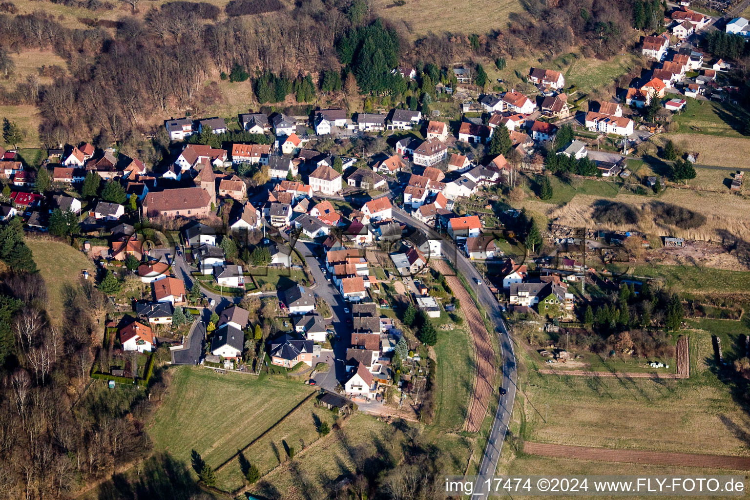 Dorf - Ansicht am Rande von landwirtschaftlichen Feldern und Nutzflächen in Niederschlettenbach im Bundesland Rheinland-Pfalz, Deutschland