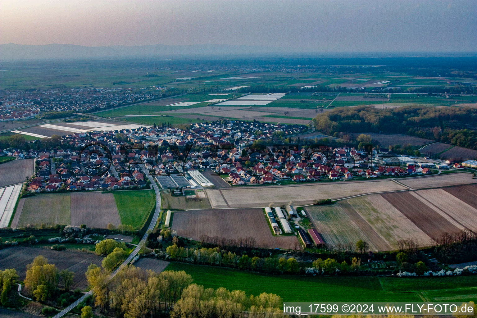 Luftaufnahme von Dorf - Ansicht am Rande von landwirtschaftlichen Feldern und Nutzflächen in Kuhardt im Bundesland Rheinland-Pfalz, Deutschland