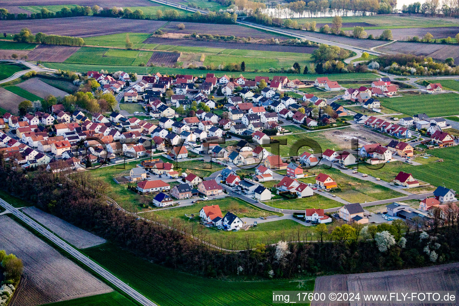 Luftaufnahme von Dorf - Ansicht am Rande von landwirtschaftlichen Feldern und Nutzflächen im Ortsteil Hardtwald in Neupotz im Bundesland Rheinland-Pfalz, Deutschland