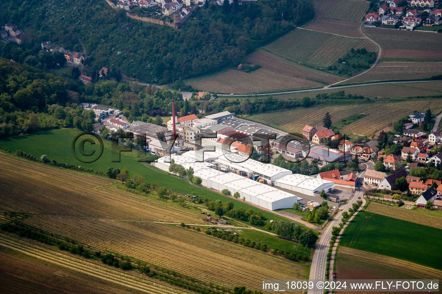 Gebäude und Produktionshallen auf dem Werksgelände des Chemieproduzenten Gechem GmbH & Co KG im Ortsteil Neuleiningen-Tal in Kleinkarlbach im Bundesland Rheinland-Pfalz, Deutschland