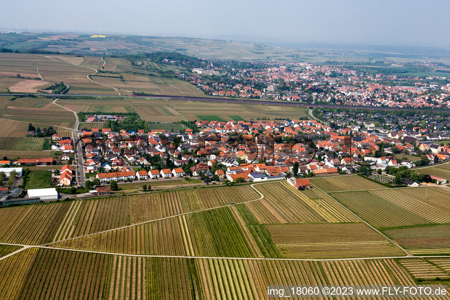 Kleinkarlbach im Bundesland Rheinland-Pfalz, Deutschland aus der Drohnenperspektive