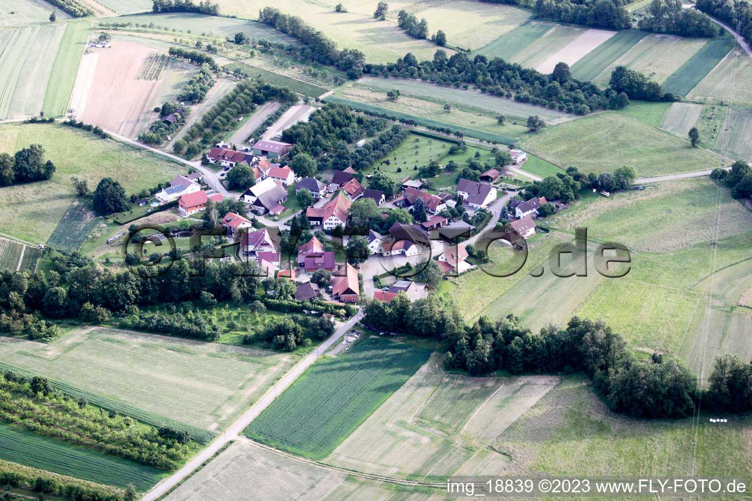 Dorf - Ansicht am Rande von landwirtschaftlichen Feldern und Nutzflächen in Ottersweier im Bundesland Baden-Württemberg, Deutschland