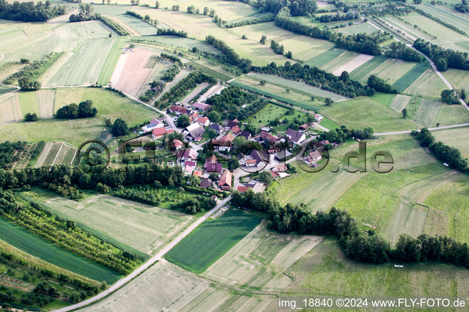Luftbild von Dorf - Ansicht am Rande von landwirtschaftlichen Feldern und Nutzflächen in Ottersweier im Bundesland Baden-Württemberg, Deutschland