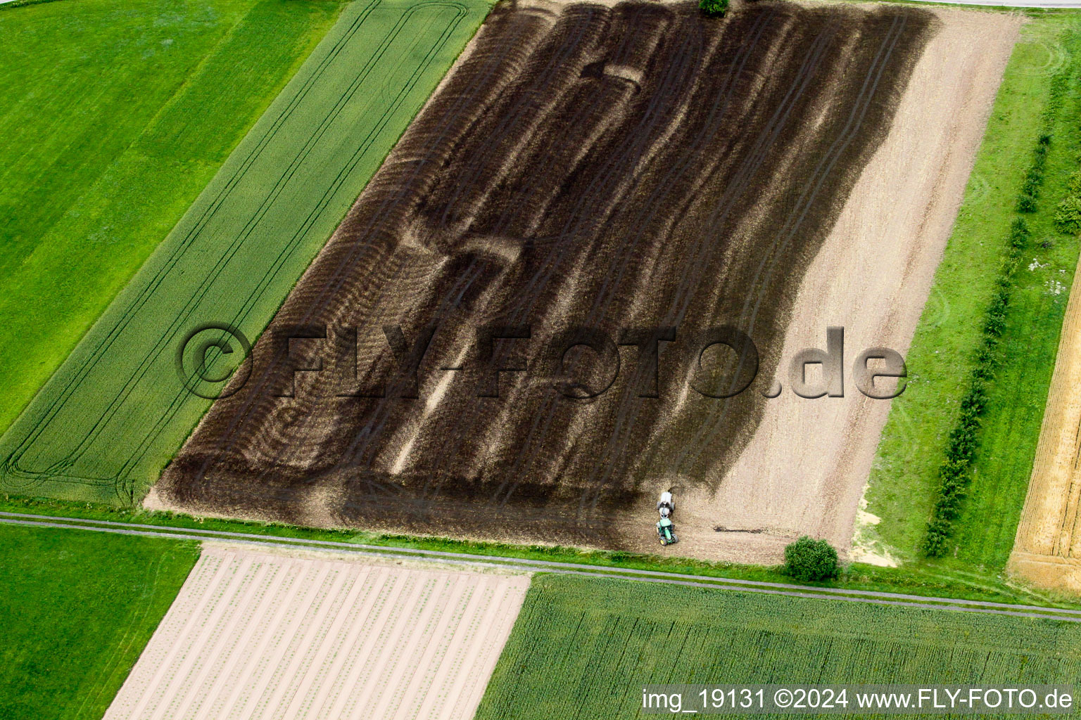 Luftbild von Jauche ausbringender Traktor auf landwirtschaftlichen Feldern in Achern im Ortsteil Wagshurst im Bundesland Baden-Württemberg, Deutschland