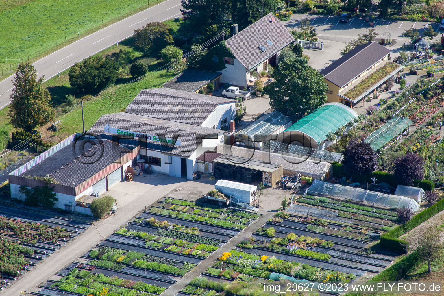 Luftbild von Gartenzeiten Schwarz im Ortsteil Bodersweier in Kehl im Bundesland Baden-Württemberg, Deutschland