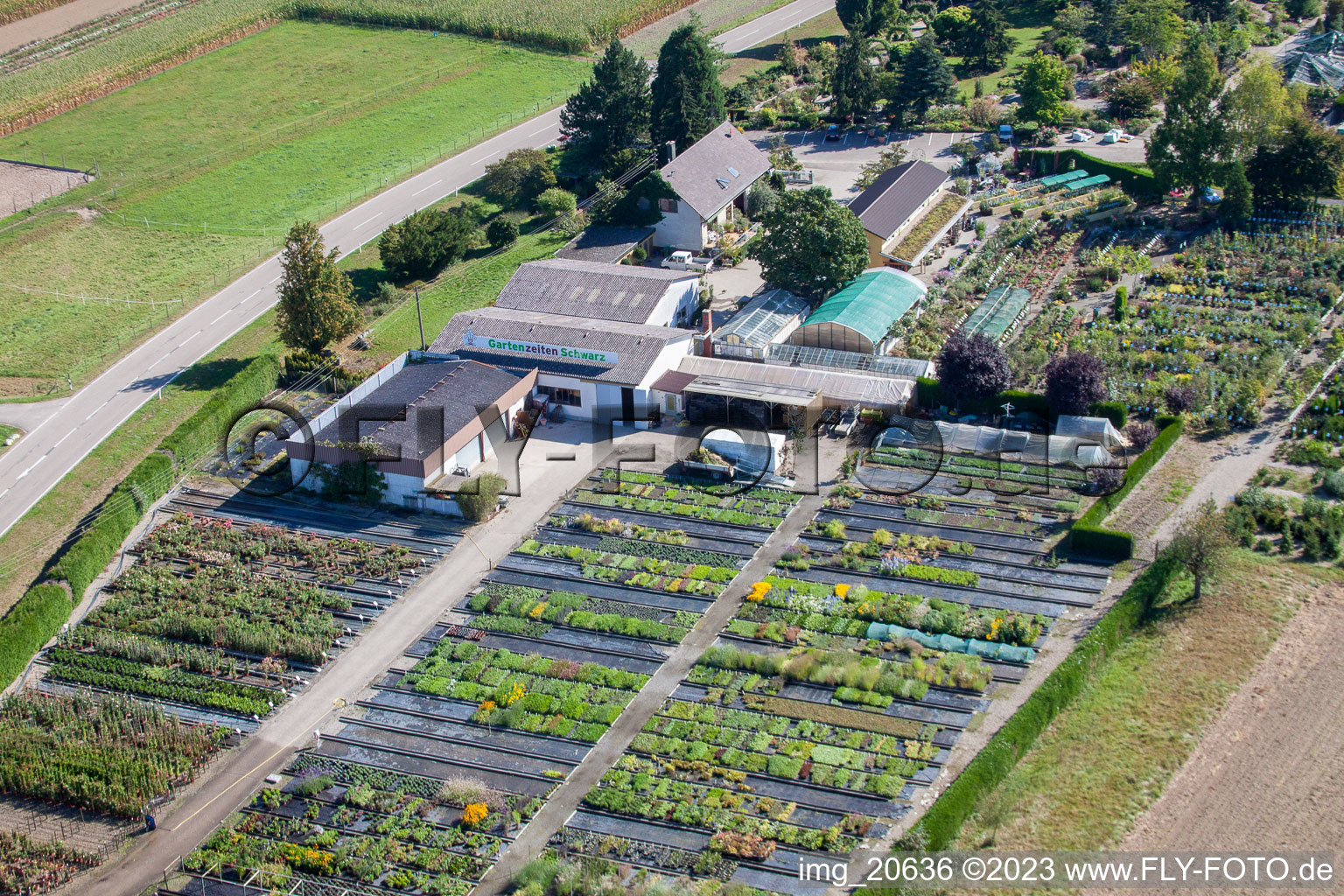 Gartenzeiten Schwarz im Ortsteil Bodersweier in Kehl im Bundesland Baden-Württemberg, Deutschland aus der Luft