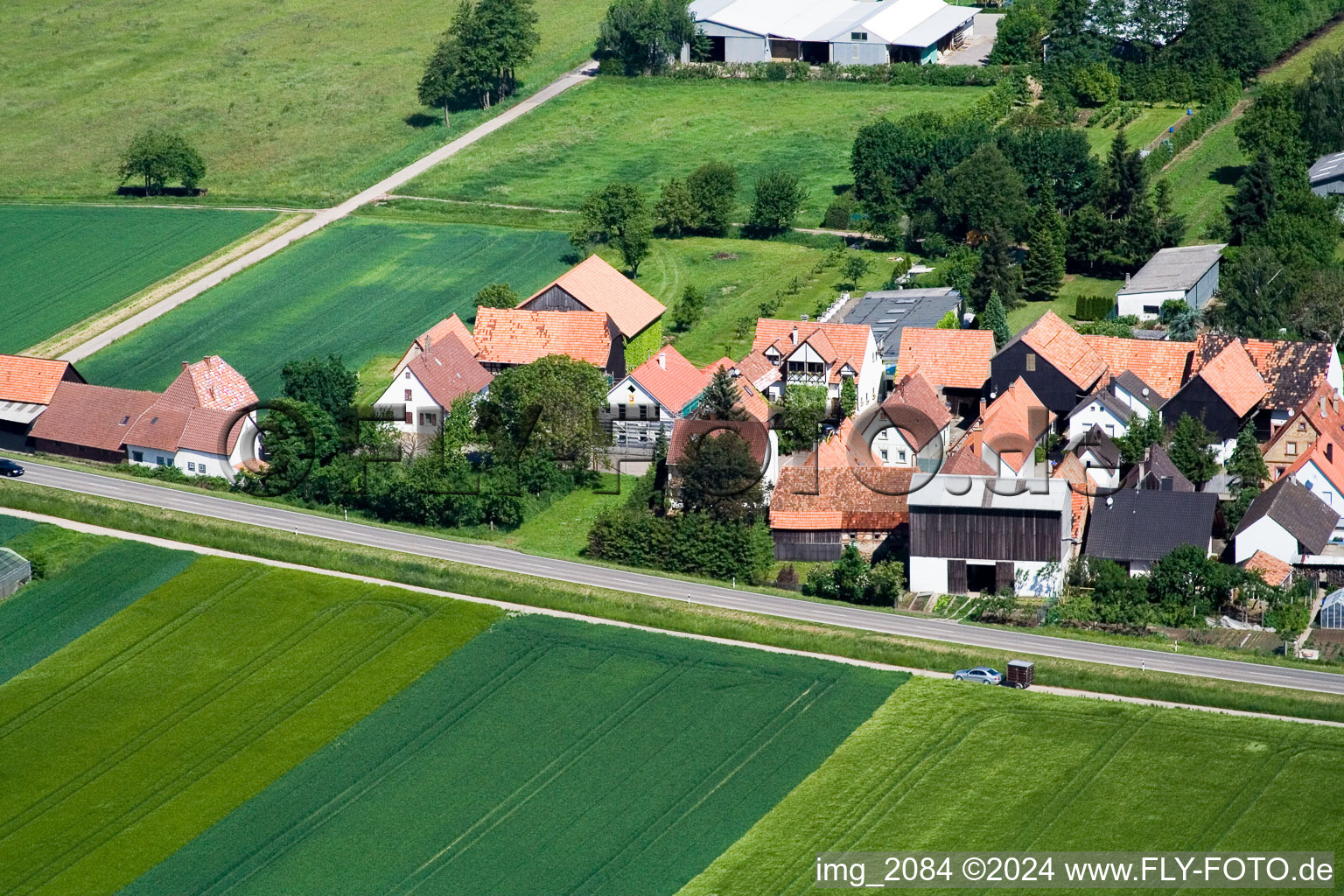 Dorf - Ansicht am Rande von landwirtschaftlichen Feldern und Nutzflächen im Ortsteil Minderslachen in Kandel im Bundesland Rheinland-Pfalz, Deutschland
