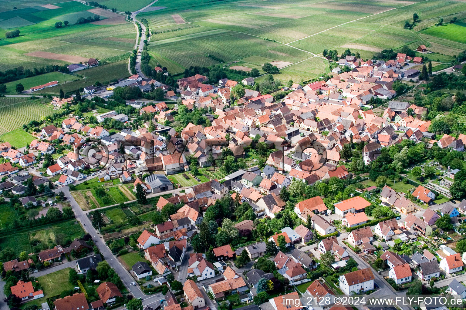 Dorf - Ansicht am Rande von landwirtschaftlichen Feldern und Nutzflächen in Impflingen im Bundesland Rheinland-Pfalz, Deutschland von oben
