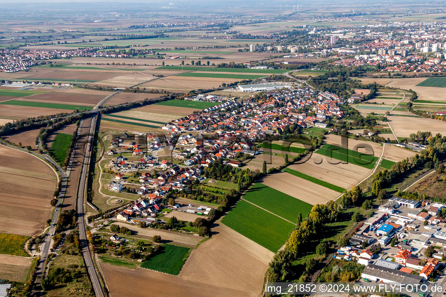 Luftbild von Dorf - Ansicht am Rande von landwirtschaftlichen Feldern und Nutzflächen in Studernheim in Frankenthal im Bundesland Rheinland-Pfalz, Deutschland