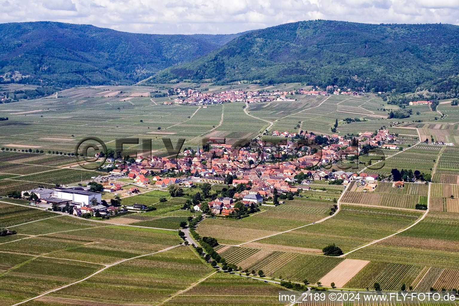 Luftbild von Dorf - Ansicht am Rande von landwirtschaftlichen Feldern und Nutzflächen in Rhodt in Rhodt unter Rietburg im Bundesland Rheinland-Pfalz, Deutschland