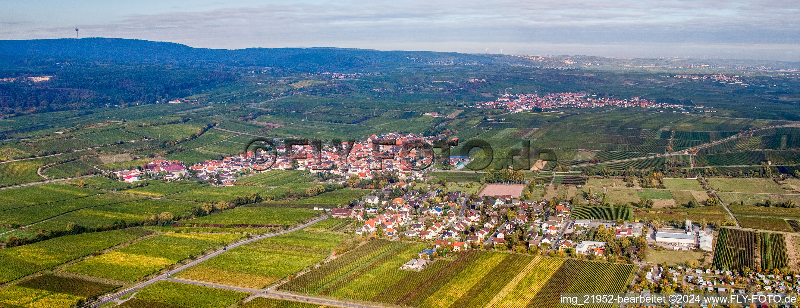Panorama der Dorf - Ansicht am Rande von Weinbergen am Haardtrand in Kallstadt im Bundesland Rheinland-Pfalz, Deutschland