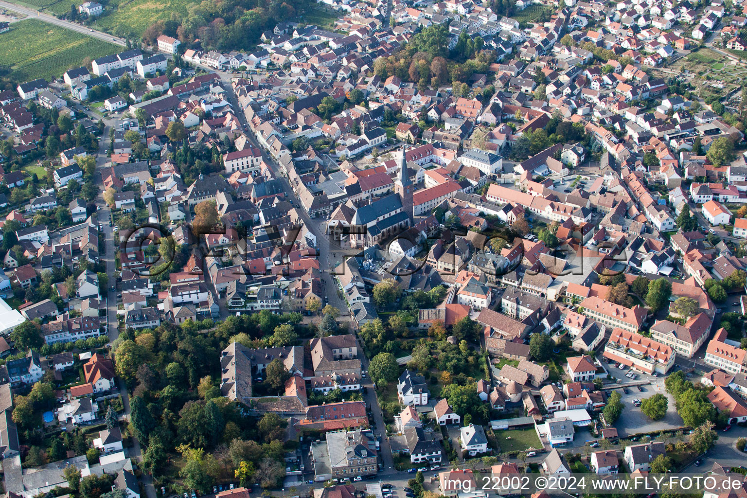 Luftbild von Altstadtbereich und Innenstadtzentrum in Deidesheim im Bundesland Rheinland-Pfalz, Deutschland