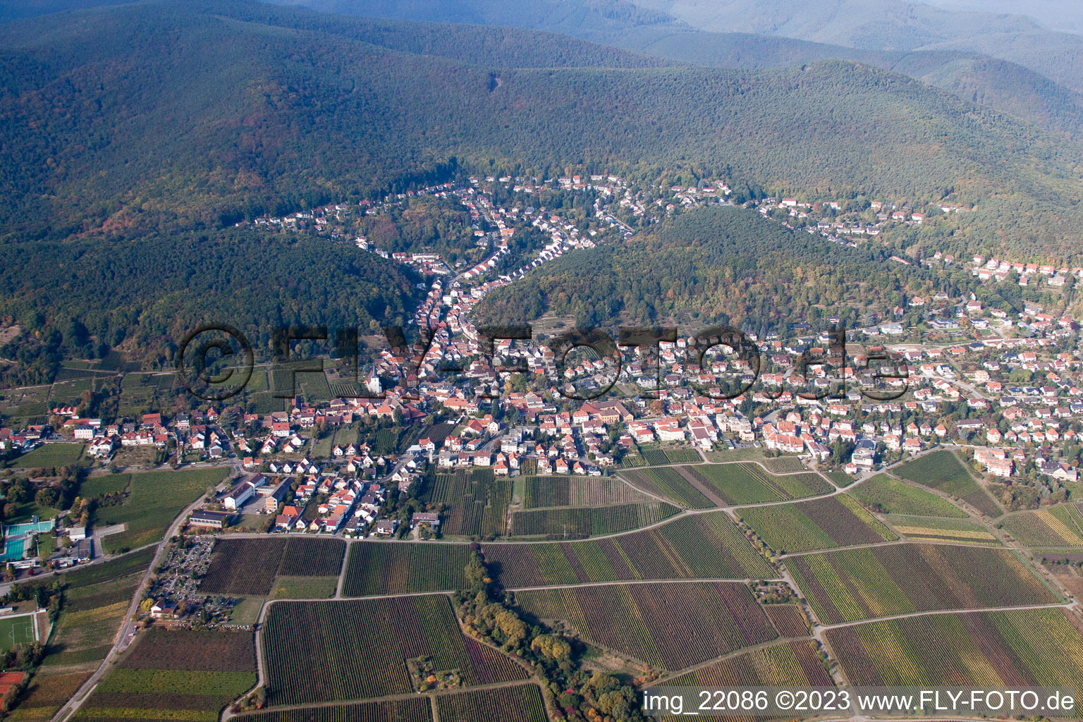 Drohnenaufname von Ortsteil Hambach an der Weinstraße in Neustadt an der Weinstraße im Bundesland Rheinland-Pfalz, Deutschland