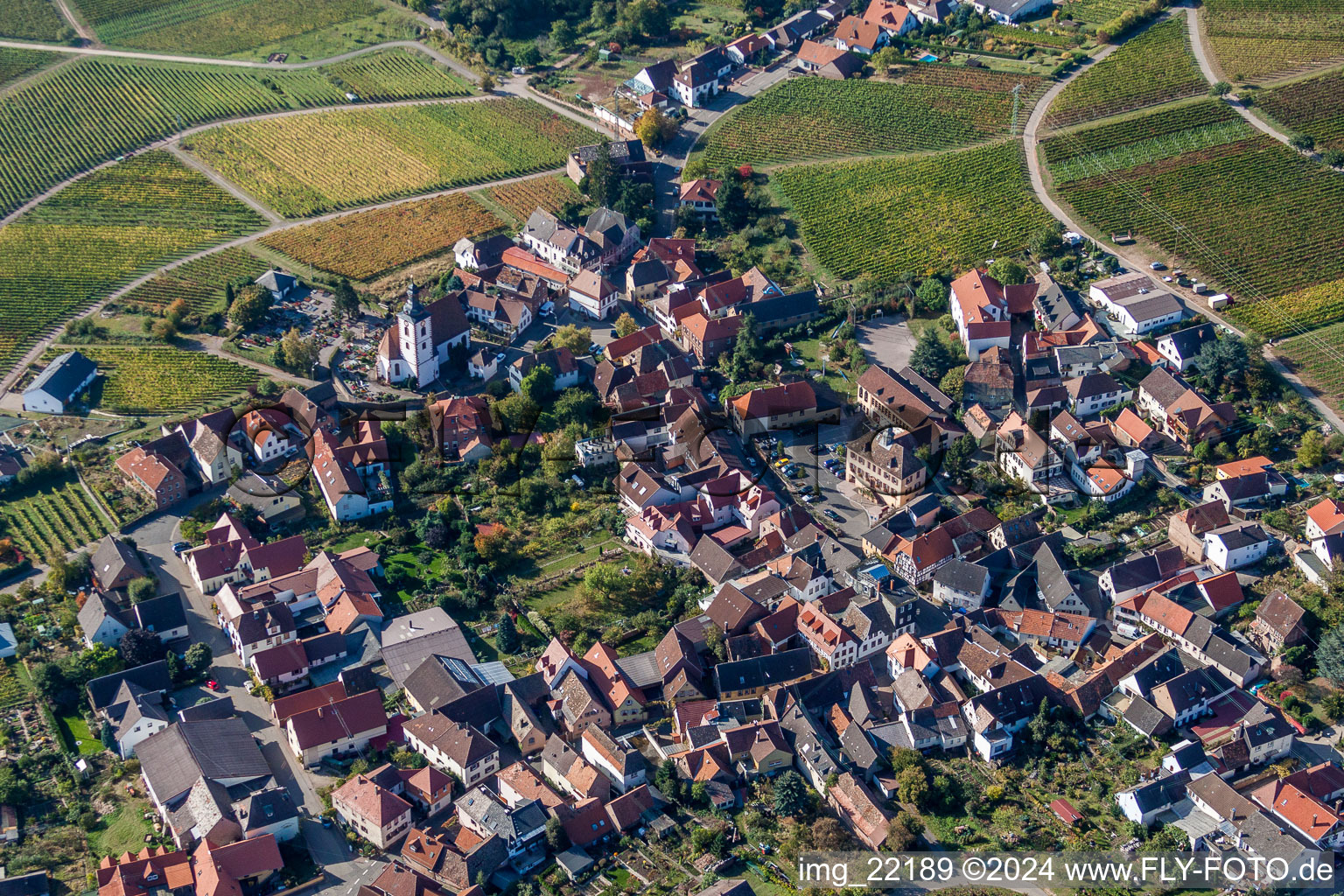 Dorf - Ansicht am Rande von landwirtschaftlichen Feldern und Nutzflächen in Weyher in der Pfalz im Bundesland Rheinland-Pfalz, Deutschland