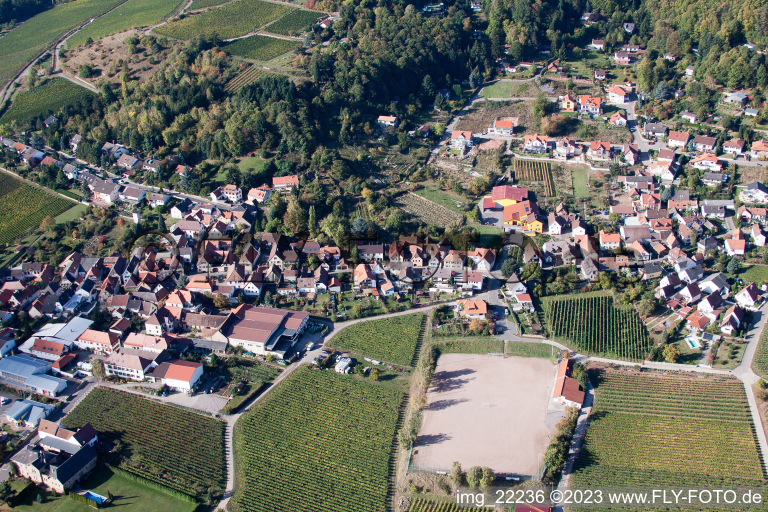 Burrweiler im Bundesland Rheinland-Pfalz, Deutschland von der Drohne aus gesehen