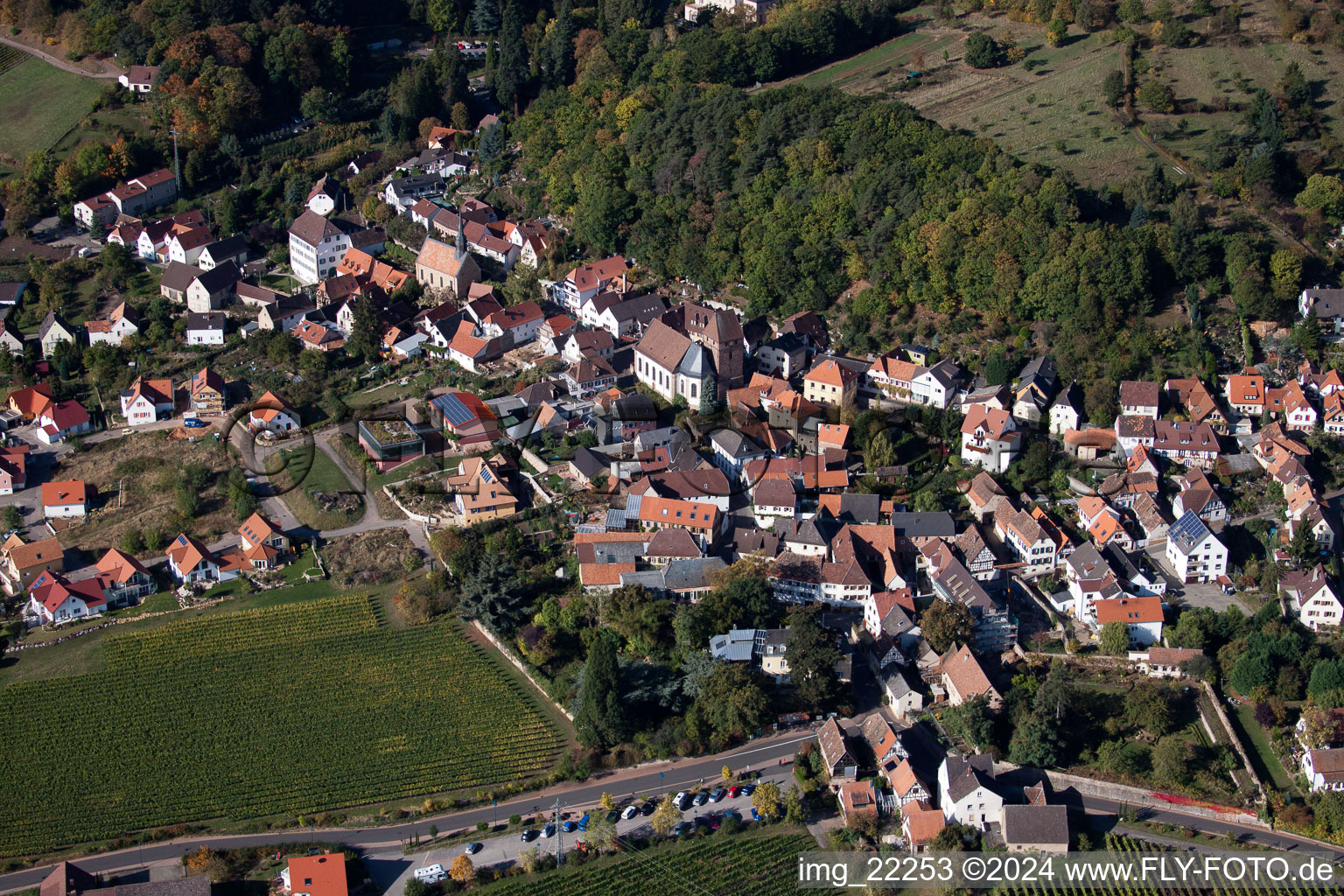 Luftaufnahme von Dorf - Ansicht am Rande von landwirtschaftlichen Feldern und Nutzflächen in Gleisweiler im Bundesland Rheinland-Pfalz, Deutschland