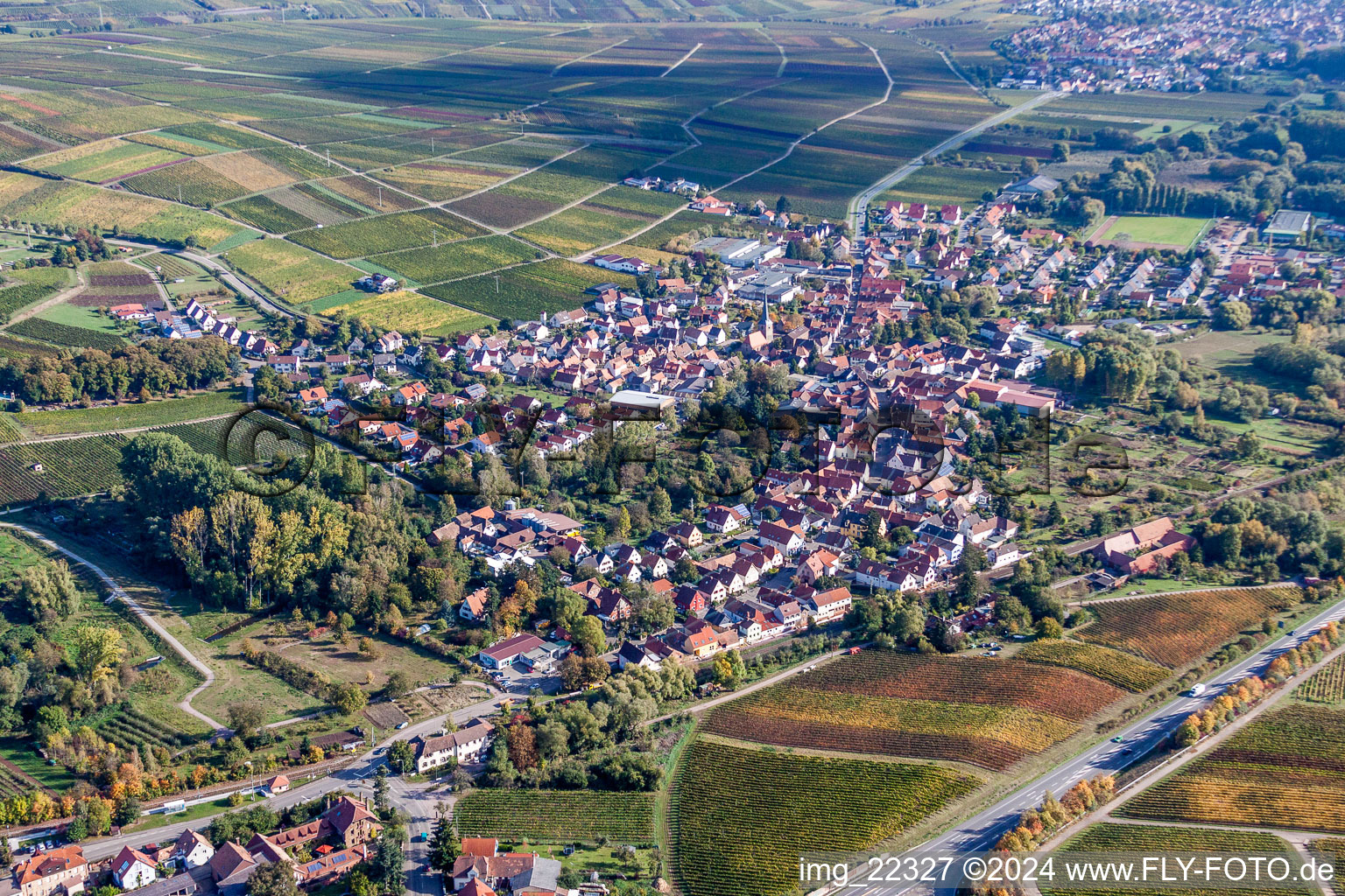 Luftbild von Ortsansicht der Straßen und Häuser der Wohngebiete in Siebeldingen im Bundesland Rheinland-Pfalz, Deutschland