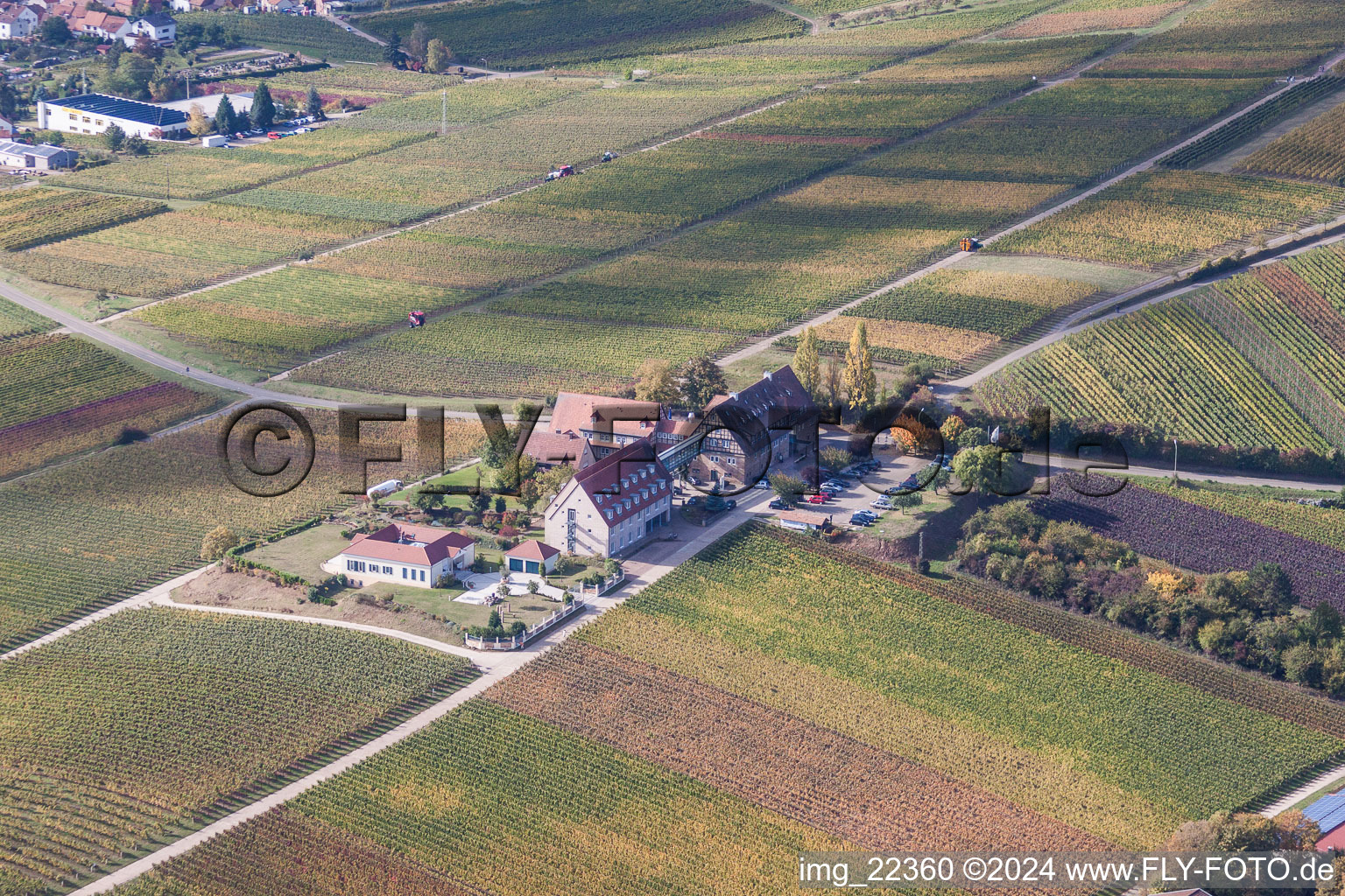 Luftaufnahme von Gebäudekomplex der Hotelanlage Leinsweiler Hof in Leinsweiler im Bundesland Rheinland-Pfalz, Deutschland