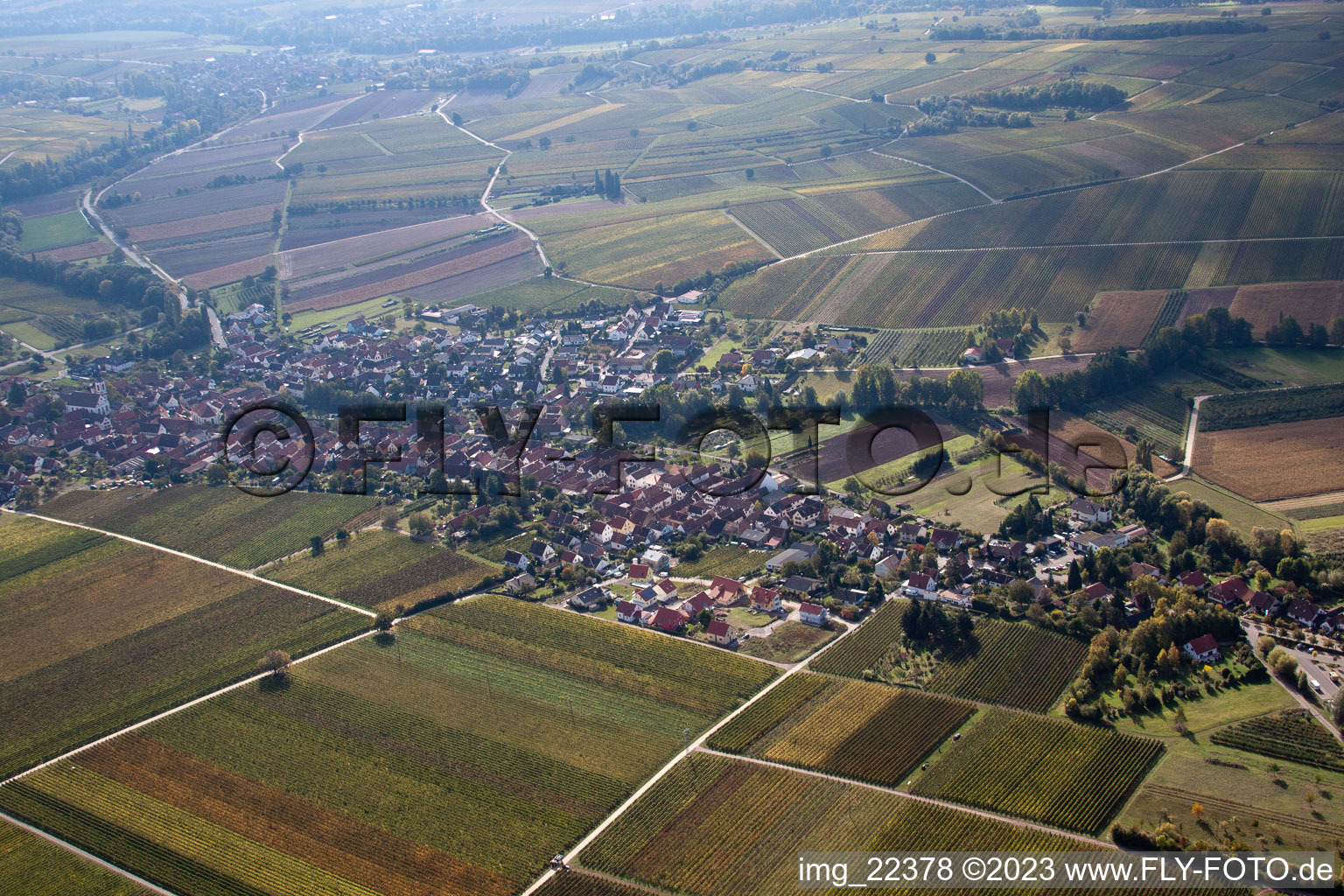 Drohnenbild von Göcklingen im Bundesland Rheinland-Pfalz, Deutschland