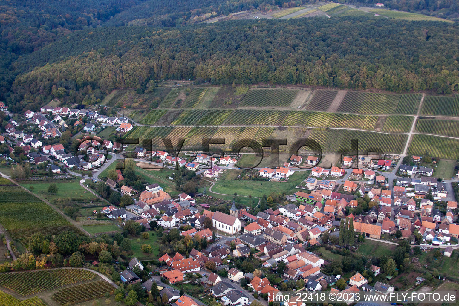 Ortsteil Pleisweiler in Pleisweiler-Oberhofen im Bundesland Rheinland-Pfalz, Deutschland aus der Vogelperspektive