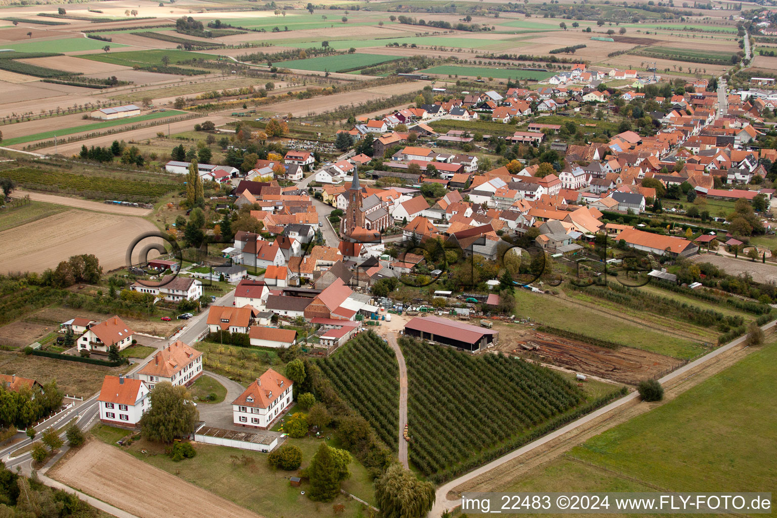 Luftaufnahme von Dorf - Ansicht am Rande von landwirtschaftlichen Feldern und Nutzflächen in Schweighofen im Bundesland Rheinland-Pfalz, Deutschland