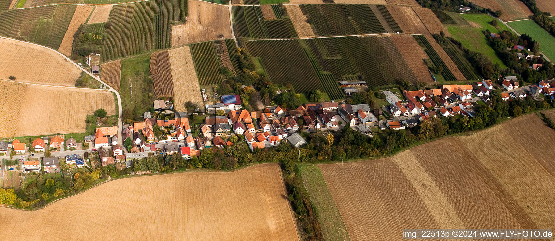 Luftaufnahme von Dorf - Ansicht am Rande von landwirtschaftlichen Feldern und Nutzflächen in Vollmersweiler im Bundesland Rheinland-Pfalz, Deutschland
