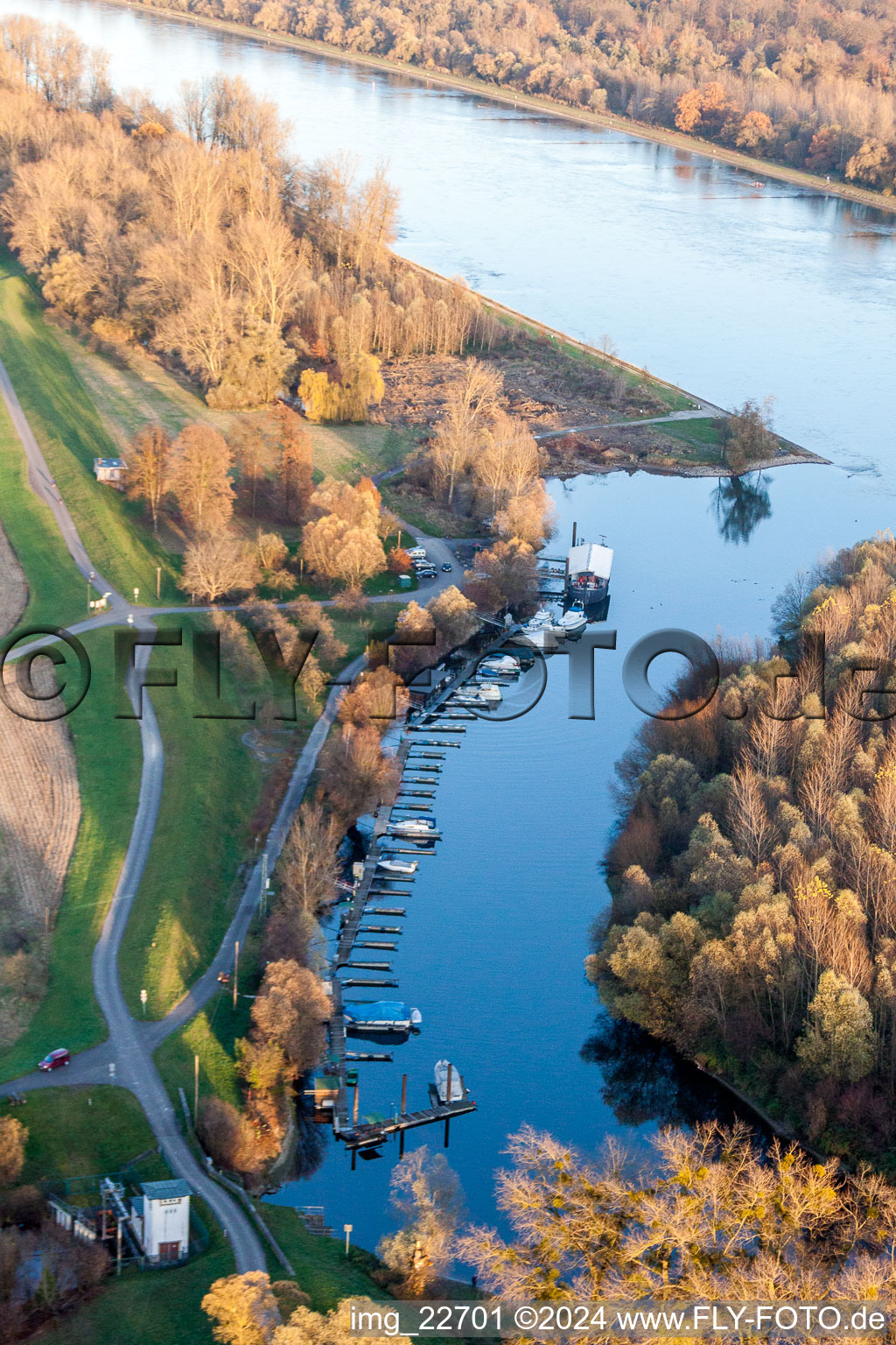 Fluß- Mündung der Lauter in den Rhein in Neuburg am Rhein im Bundesland Rheinland-Pfalz, Deutschland