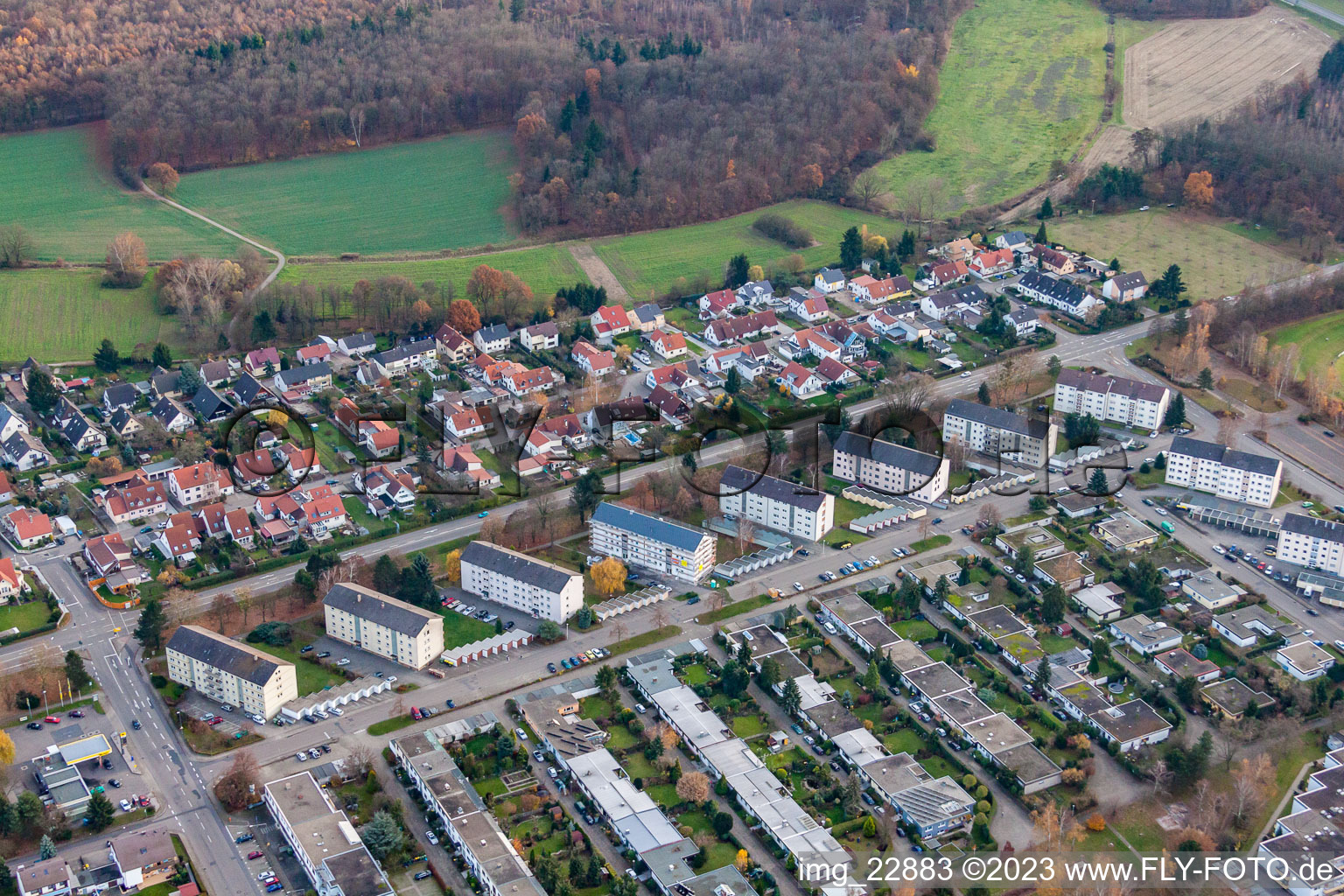 Schrägluftbild von Neckarstr in Rastatt im Bundesland Baden-Württemberg, Deutschland