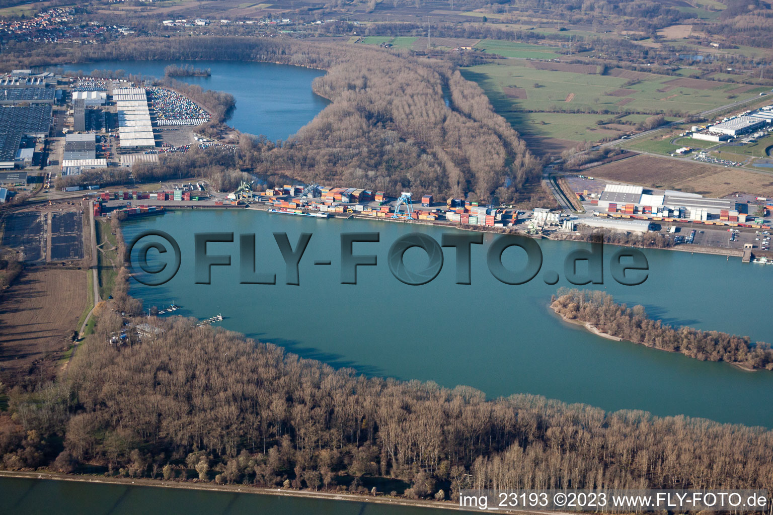Luftbild von Wörth am Rhein, Rheinhafen im Ortsteil Maximiliansau im Bundesland Rheinland-Pfalz, Deutschland