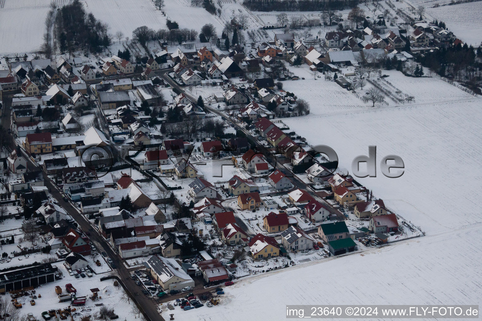 Im Winter im Schnee im Ortsteil Kleinsteinfeld in Niederotterbach im Bundesland Rheinland-Pfalz, Deutschland