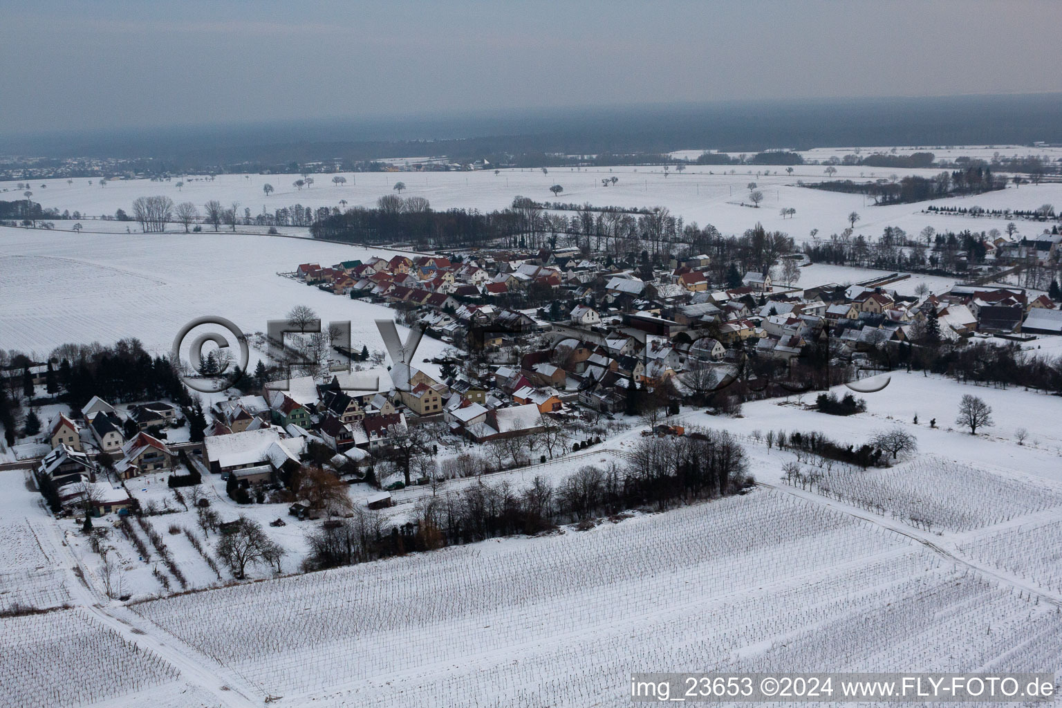 Im Winter im Schnee im Ortsteil Kleinsteinfeld in Niederotterbach im Bundesland Rheinland-Pfalz, Deutschland aus der Vogelperspektive