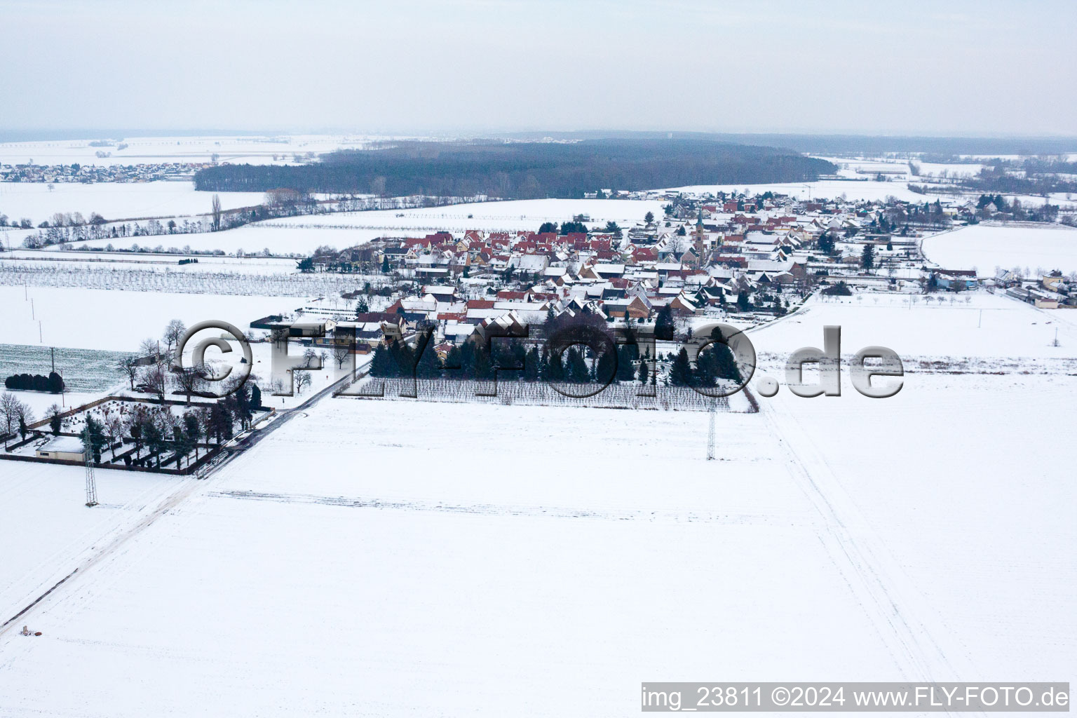 Luftaufnahme von Im Winter bei Schnee von Westen in Erlenbach bei Kandel im Bundesland Rheinland-Pfalz, Deutschland